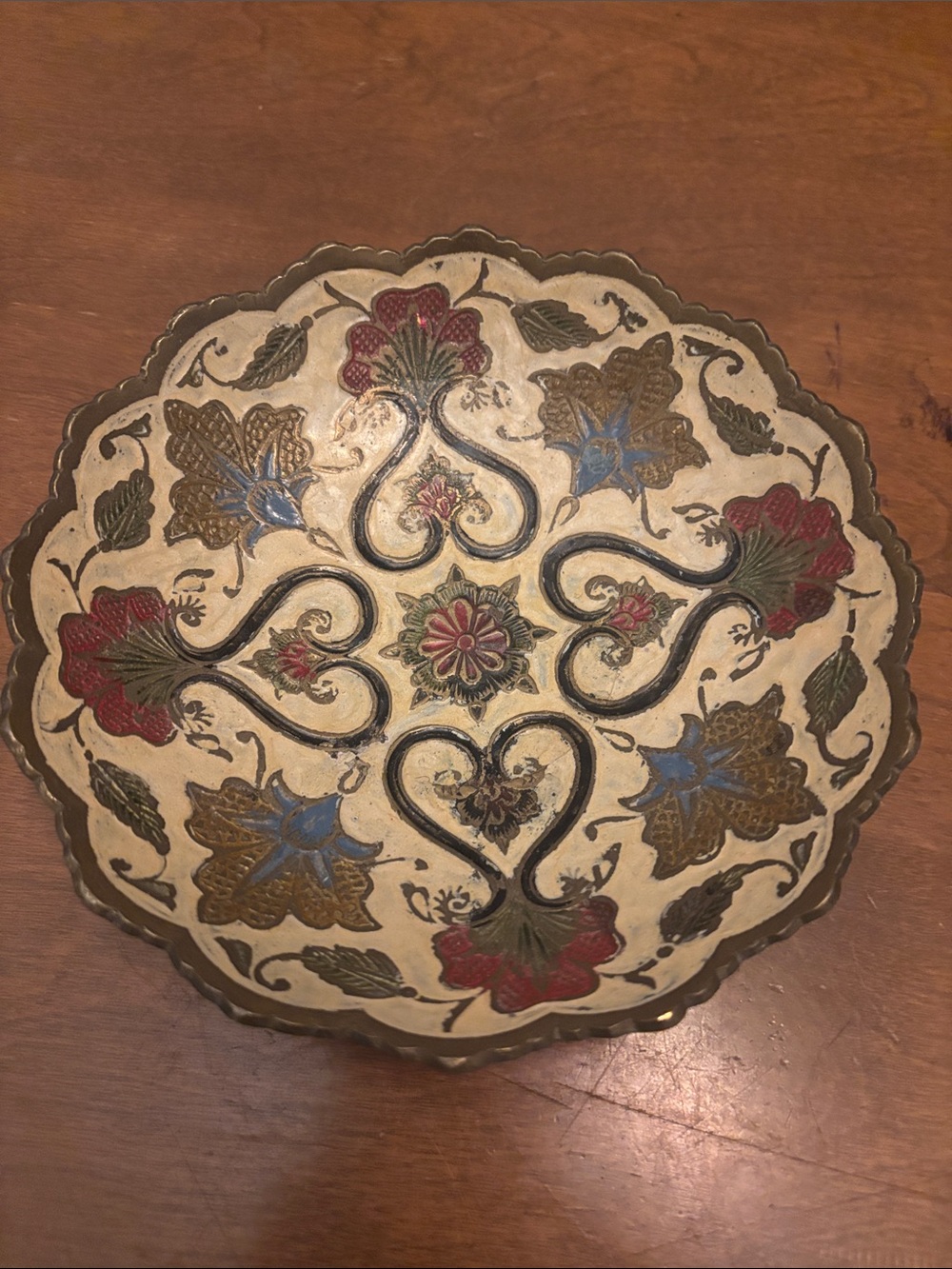 Vintage Indian Brass Enamel Bowl 6.75” Scalloped Floral Catchall Dish Moradabad